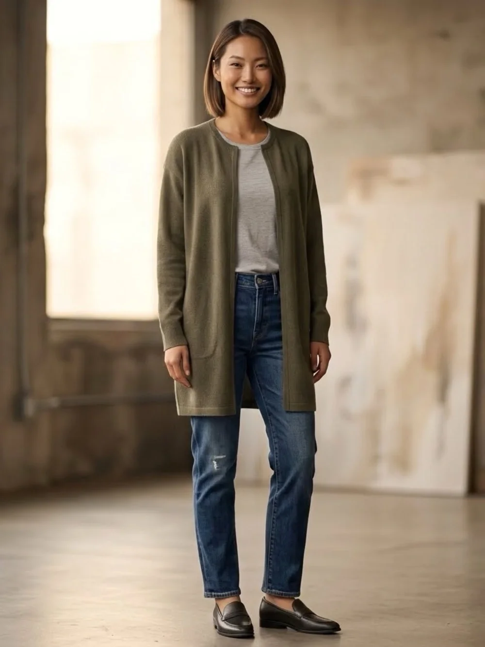 J.Crew Re-Imagined Vanessa Long Open Front Cardigan Sweater Olive Green S NWT